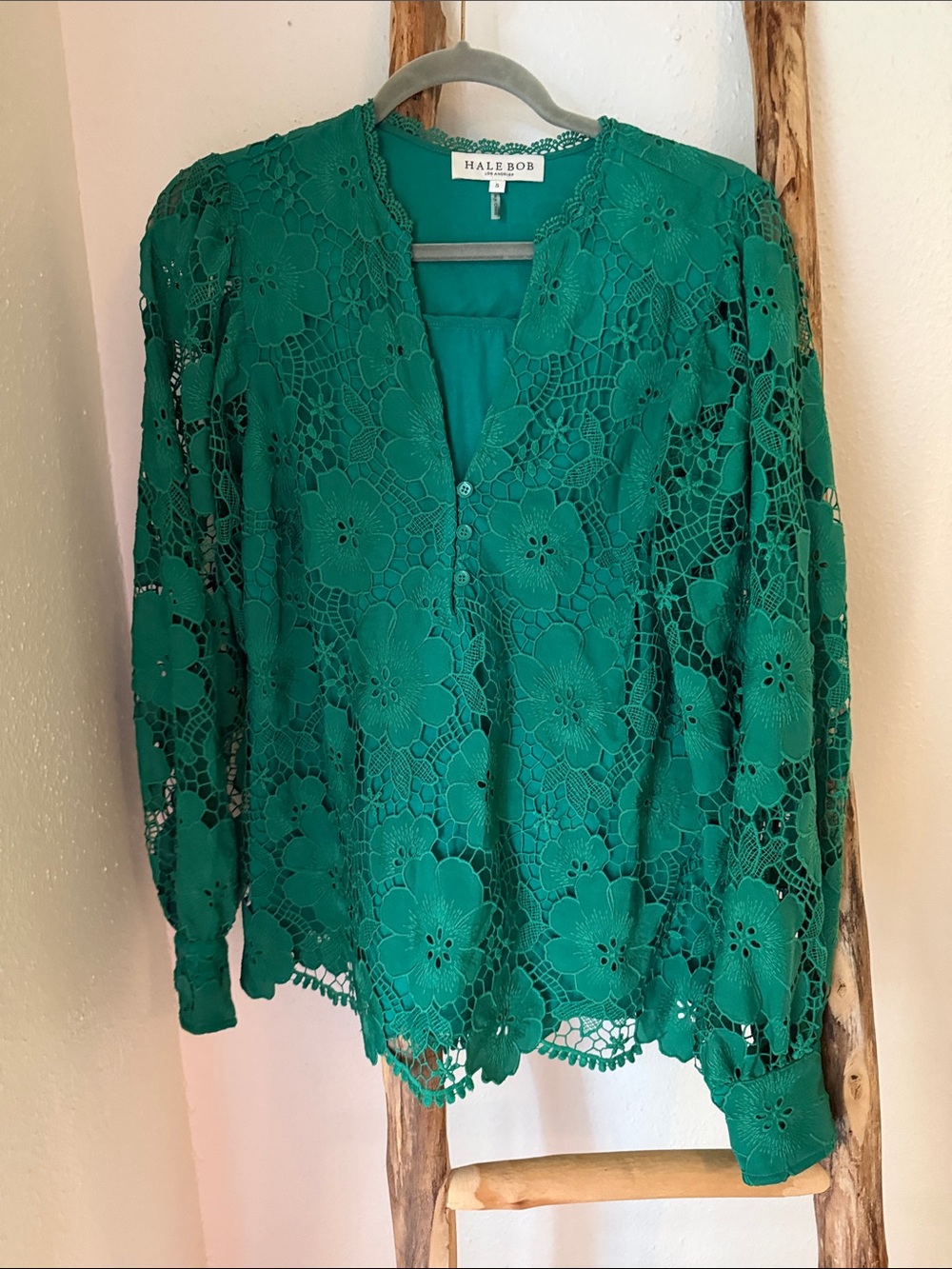Hale Bob Emerald Green Floral Lace Long Sleeve Button-Front V-Neck Blouse S